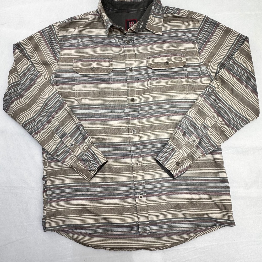 Swiss Tech Mens Medium Striped Long Sleeve Button Down Utility Shirt Brown Tan
